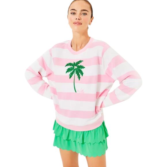 Lilly Pulitzer Ballad Pink and White Striped Sequin Palm Tree Crew Sweatshirt - Picture 1 of 9